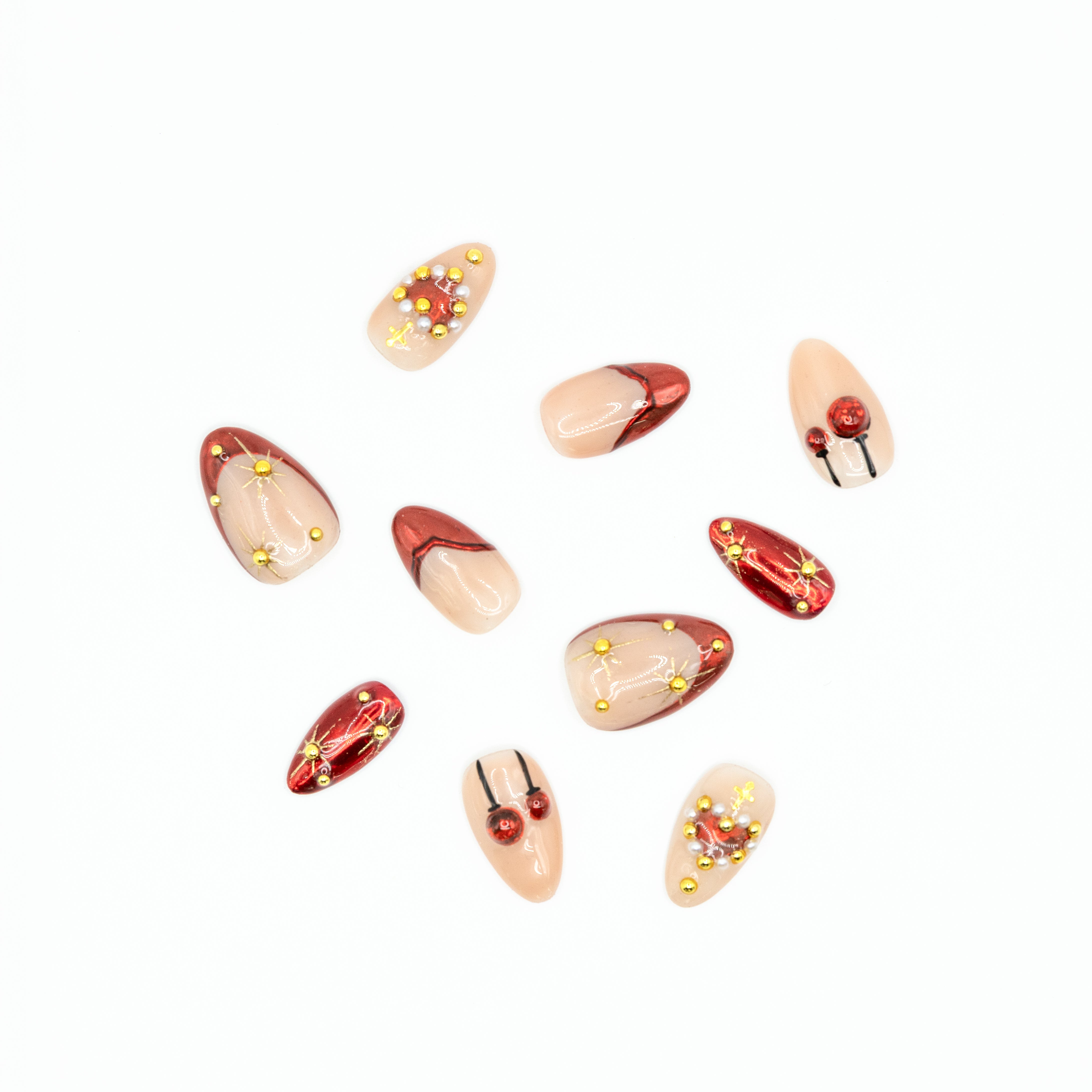 Holiday Burgundy & Gold Press-On Nails – Christmas Ornament Design