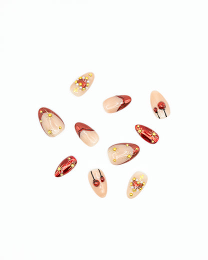 Holiday Burgundy & Gold Press-On Nails – Christmas Ornament Design