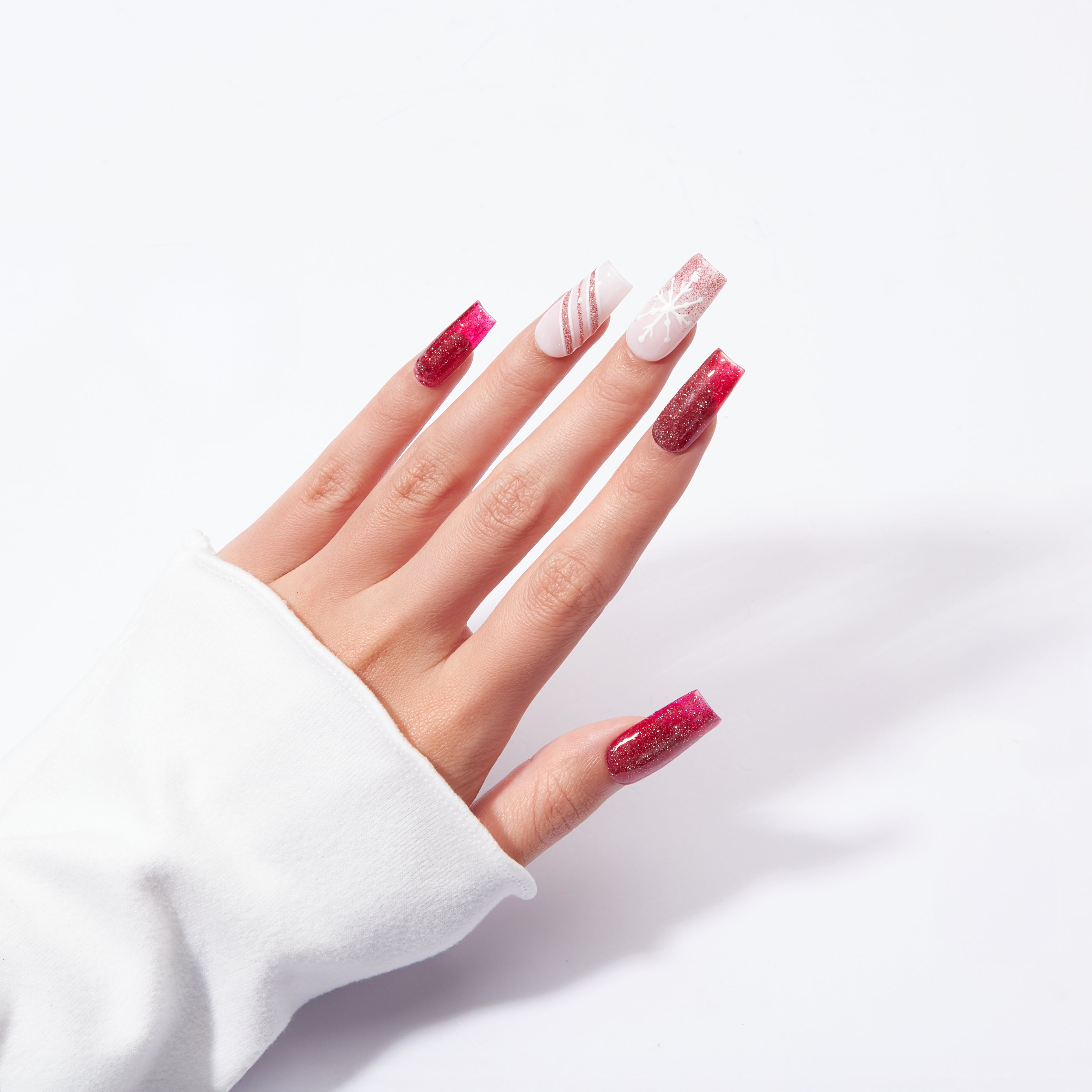 Scarlet Snow – Red Glitter Snowflake Press-On Nails