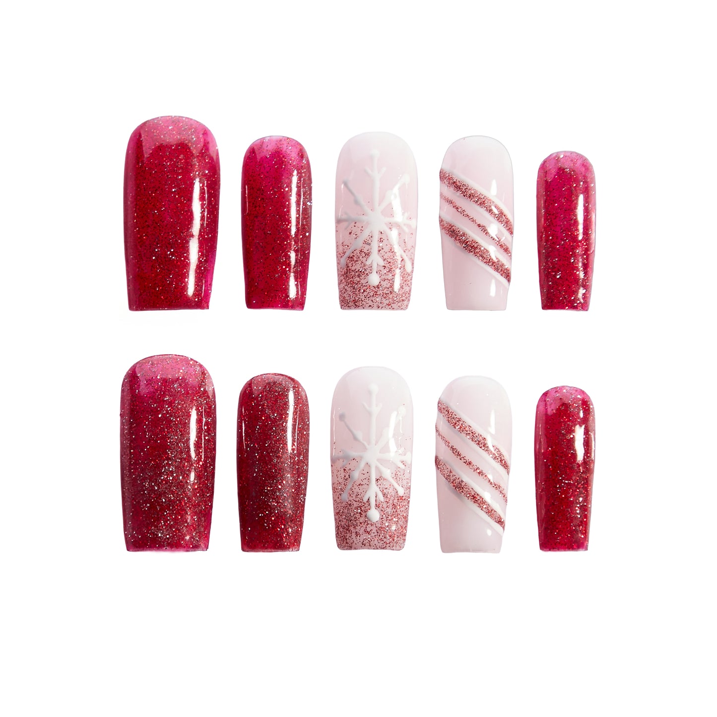 Scarlet Snow – Red Glitter Snowflake Press-On Nails