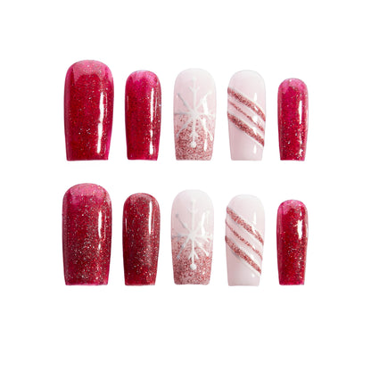 Scarlet Snow – Red Glitter Snowflake Press-On Nails
