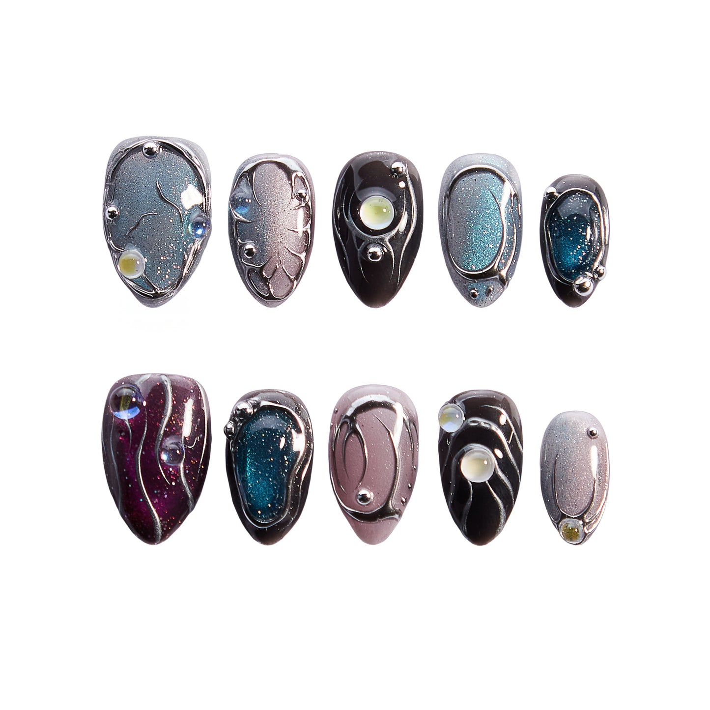 Starship Sparkle Press-On Nail Set – Chrome Galaxy Nails with 3D Orbs & Metallic Accents