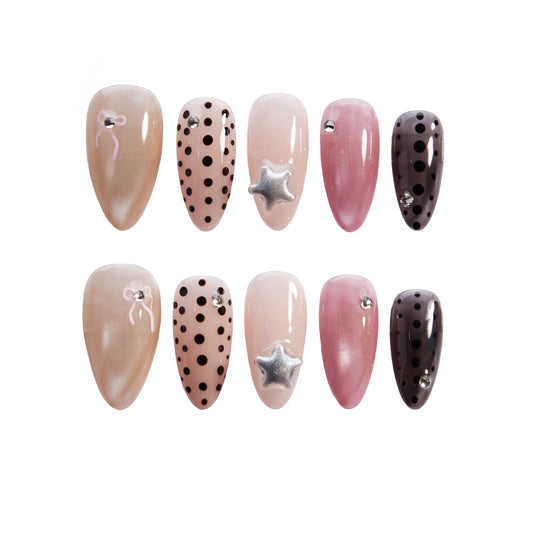 Blush & Bows Nail Set – Soft Pink Polka Dot Press-On Nails with Cute Bow Art & Glam Accents